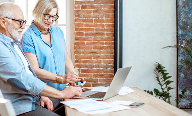 Senior couple with laptop at home 1