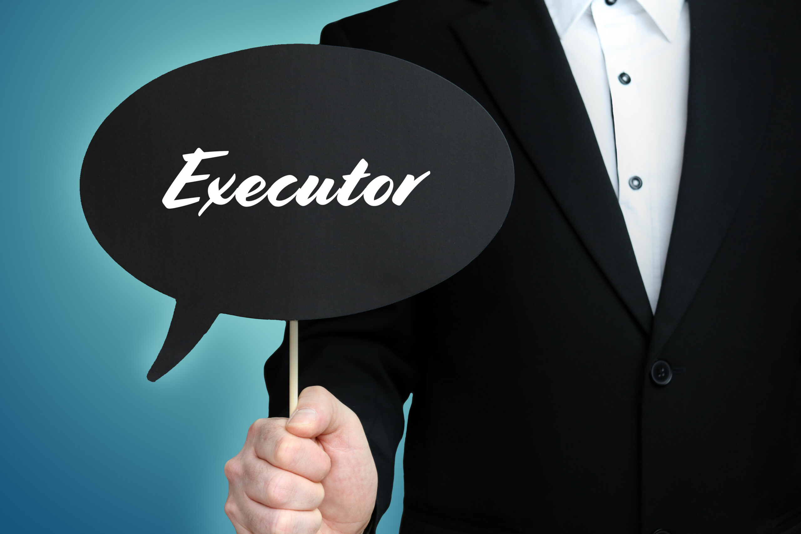 Executor. Lawyer (Man) holds the sign of a speech bubble in his hand. Text on the label. Symbol of law, justice, judgement