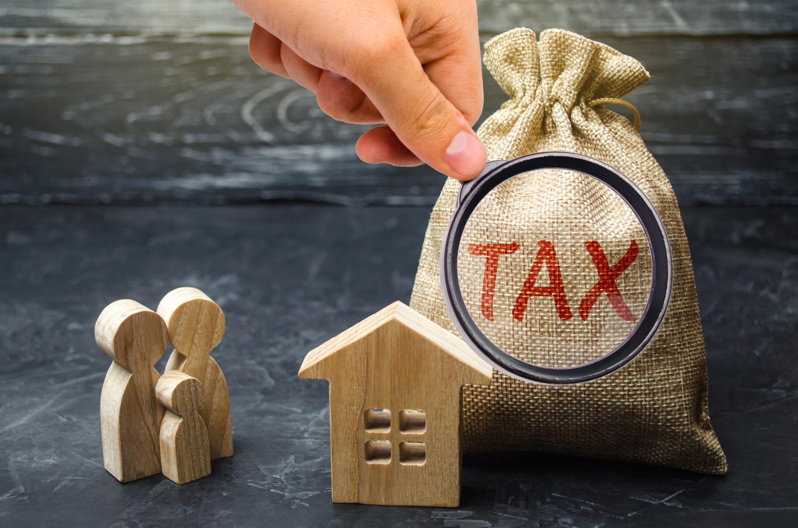 A bag with the word Tax and family stand near the house. Taxes on real estate, payment. Penalty, arrears. Register of taxpayers for property. Law-abiding, evasion of payment. Court law. Luxury tax.