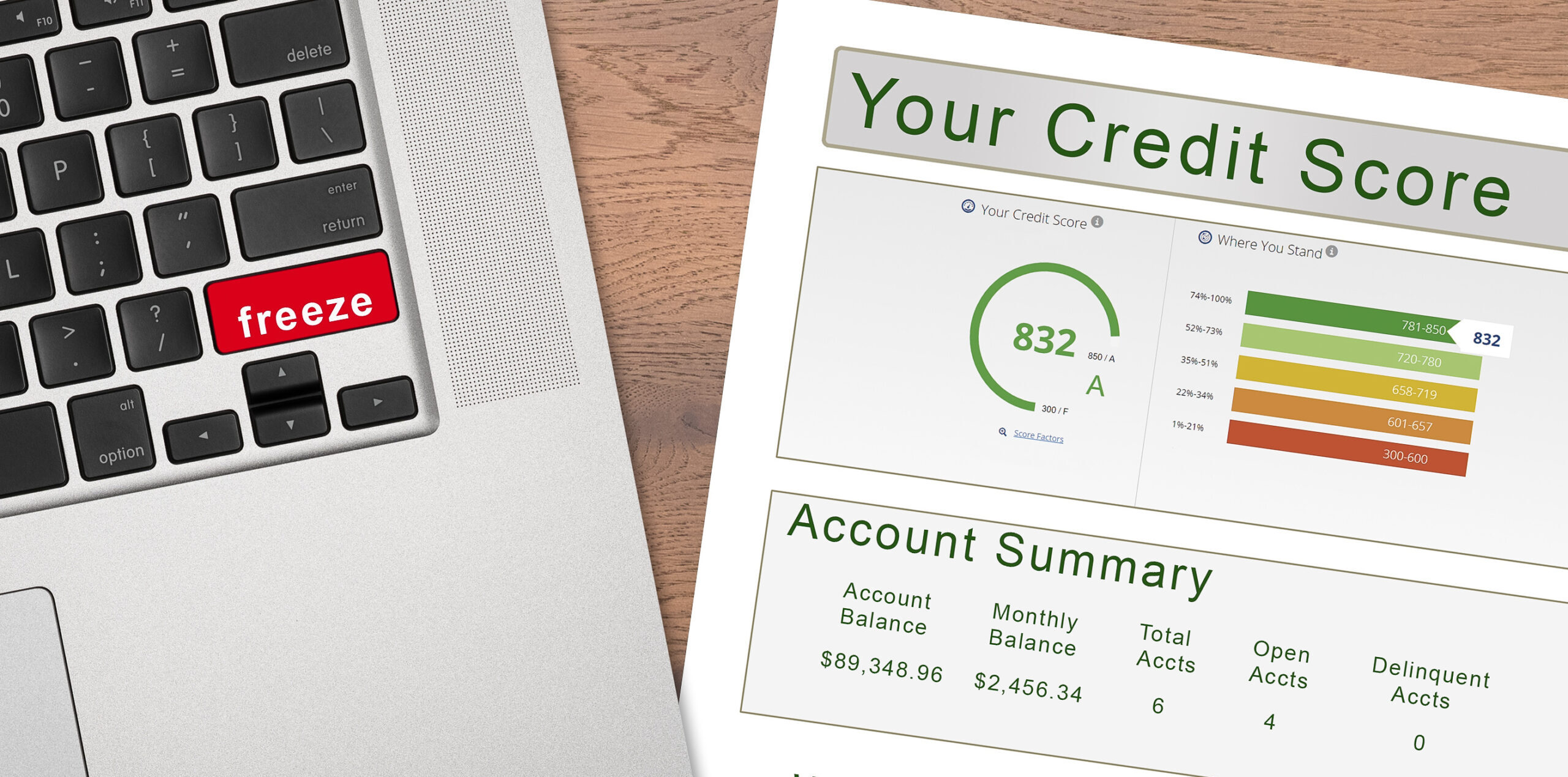 Laptop with Freeze on the red key by credit score report as concept for new law allowing free credit freezes with agencies